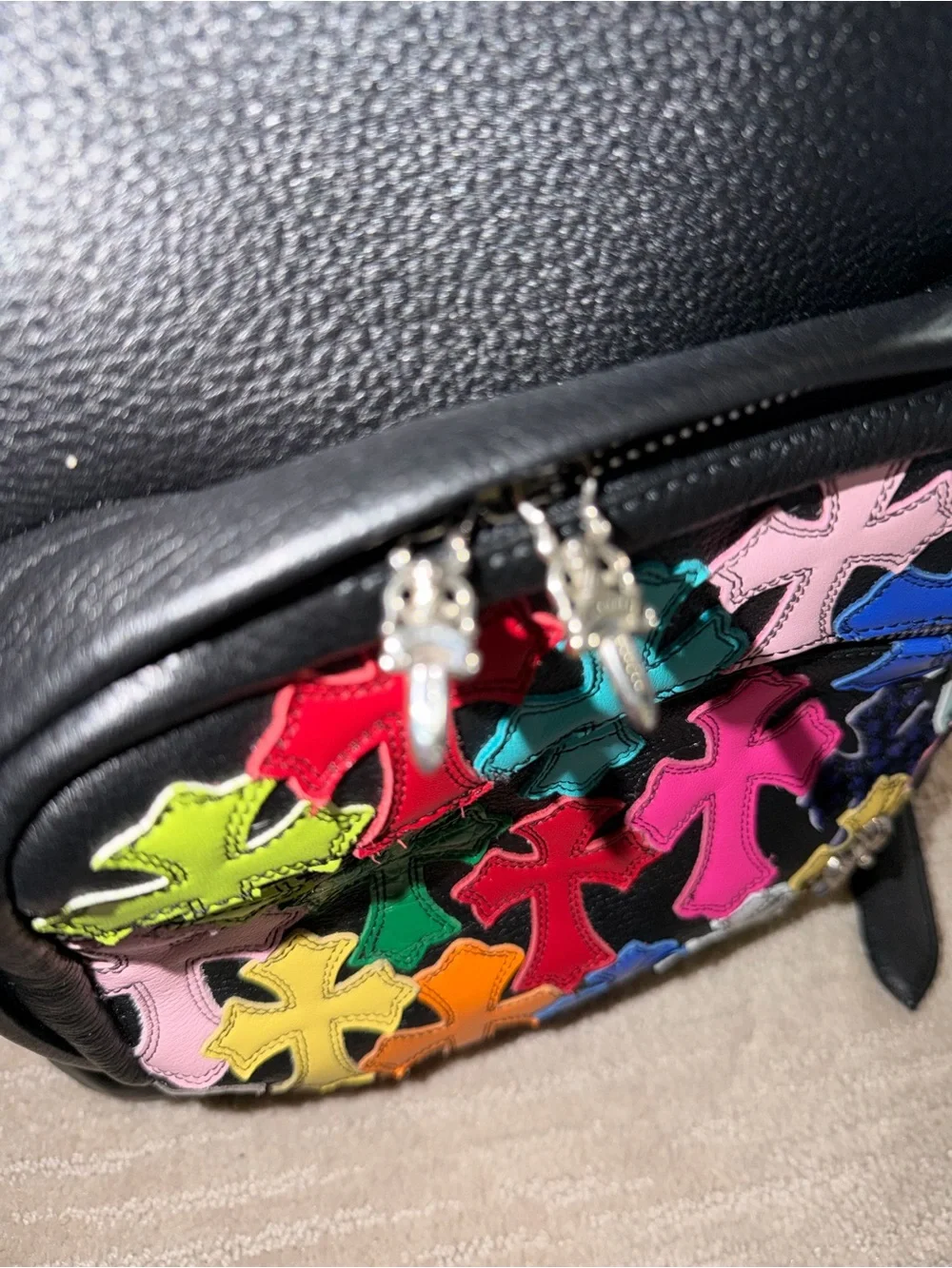 Chrome Hearts Black Backpack with Multicolor Cross Appliqués